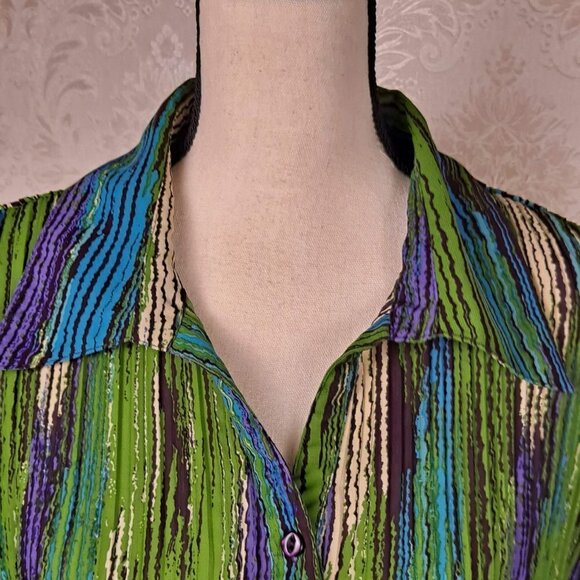 Avenue Size 18/20 Button Front Vertical Striped Sheer Peplum Blouse Short Sleeve - Picture 2 of 14